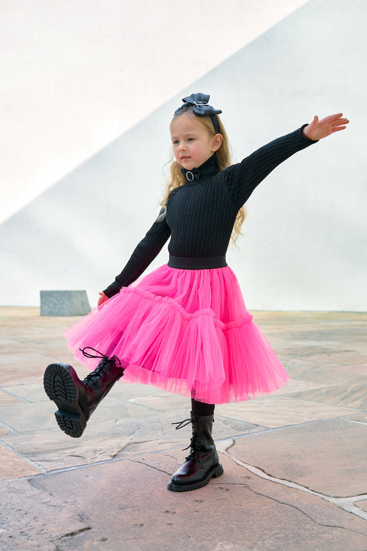 neon pink tulle midi skirt