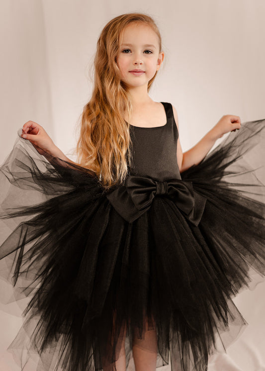 Black sateen bow dress