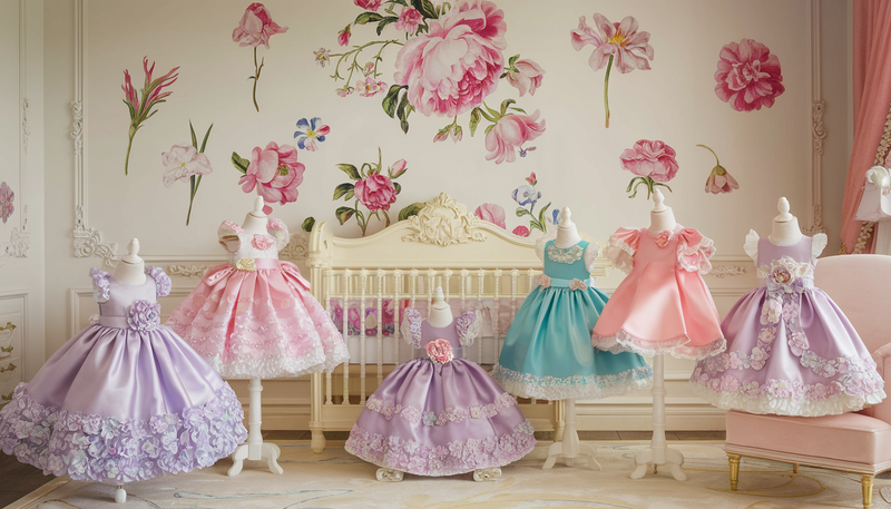 Luxurious nursery with elegant flower wall decals and high-end doll dresses on mannequins in a soft, feminine color palette.