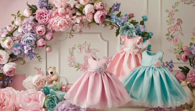 Luxurious nursery with pastel floral wall decals and boutique-style children's dresses.