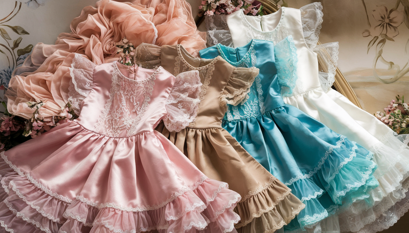 A selection of elegant flower girl dresses in pink, sand, turquoise blue, and white satin, arranged against a timeless, softly lit background with a subtle floral motif.