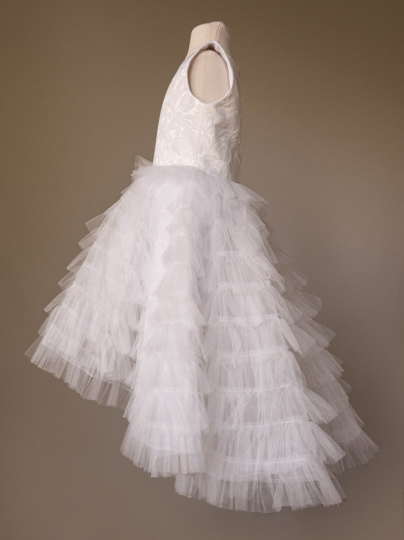 Side view of Adele Ruffled Midi Dress with layered white tulle and silk bodice.