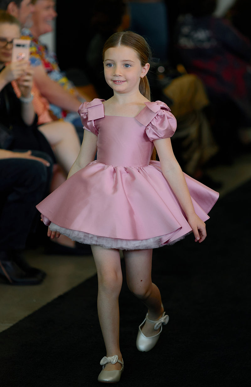 Doll dress in pink silk satin - Flowers and Ruffles