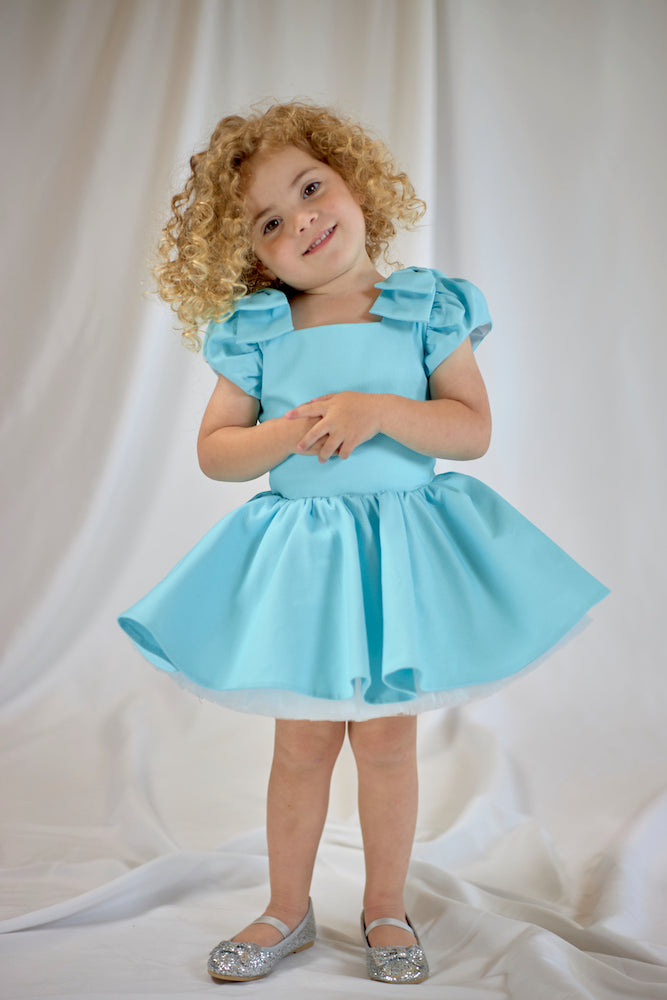 Doll dress in Sky Blue - Flowers and Ruffles