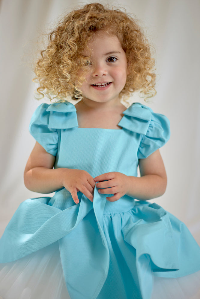 Doll dress in Sky Blue - Flowers and Ruffles