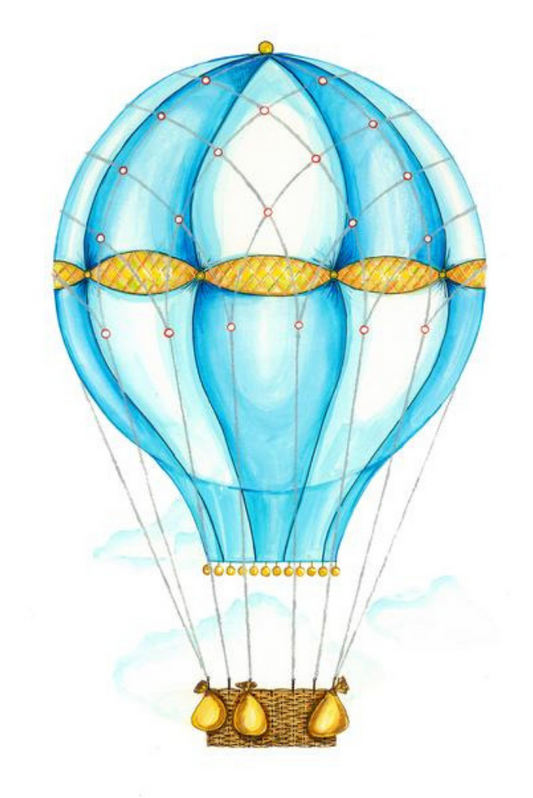 Blue hot air balloon wall decal with basket and ropes for baby nursery room decor