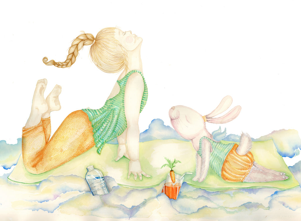Watercolor wall decal of girl and bunny doing yoga on mat for nursery and kids room