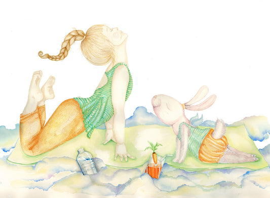 Watercolor wall decal of girl and bunny doing yoga on mat for nursery and kids room