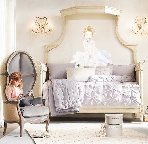 Princess girl wall decal above bed in luxury girls bedroom with lavender bedding