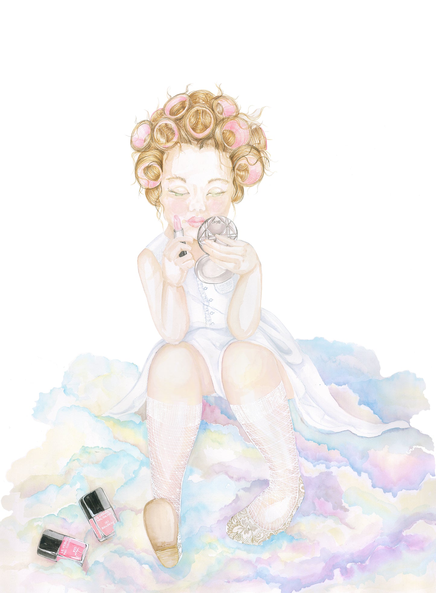 Fashion Princess girl with bunny watercolor wall decal for nursery