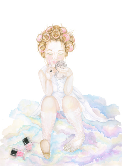 Fashion Princess girl with bunny watercolor wall decal for nursery